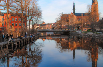 Швеция, мосты, река, город, здания, отражение в воде