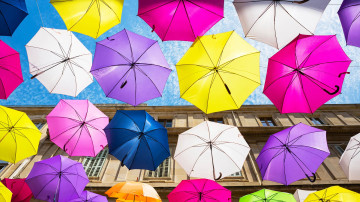 зонтики, город, дом, украшение, цветные, подвешенные зонтики
