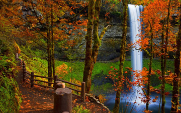1920х1200 hd full, природа, водопад, осень, деревья, красивый пейзаж, скачать обои на рабочий стол, мох, северная сторона, листья, скала, тропинка, заборчик