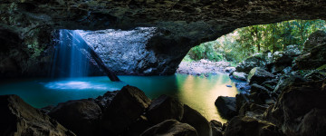 4К обои, горная река, камни, туннель, пещера, природа