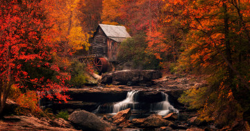 Обои на рабочий стол водяная мельница, водопад, камни, West Virginia, пейзаж, осень, Glade Creek Grist Mill, осенняя листва, лес, осенних цветов, деревьев