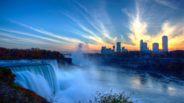 ultra hd 4k wallpaper, Ниагарский водопад, город, закат, вечер, небо, облака, Niagara Falls, city, sunset, evening, sky, clouds