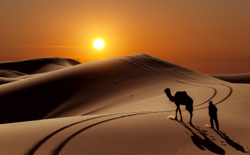 8К обои, закат, пустыня, человек с верблюдом, Сахара, барханы, дюны