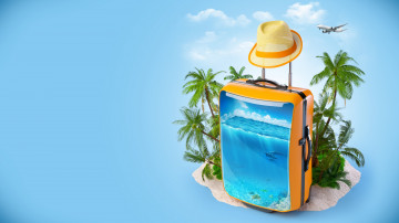 море, чемодан, шляпа, пальмы, голубой фон, путешествие, самолёт, отпуск, тропики, 3840х2160