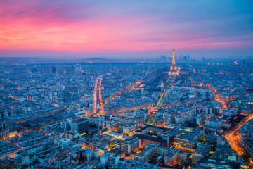 Франция, закат, Париж, город, вид с высоты птичьего полета