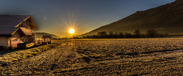 hdr, frosty morning sunrise, дом, поле, гора, зима, природа