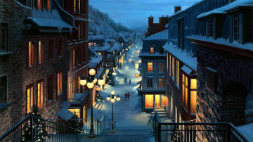 зима, снег, улица, картина, дома, ночь, фонари, снежинки, живопись, художник, город