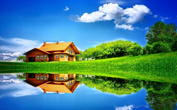 дом на берегу озера, лето, небо, зелень, трава, красивые обои, house on the lake, summer, sky, green grass, beautiful wallpaper