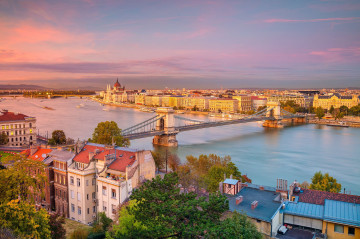 утро в Будапеште, Венгрия, мост, река, город, вид с высоты