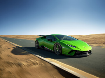 Фото бесплатно Lamborghini Huracan Performante, Lamborghini Huracan, зеленое авто, трасса, скорость, движение, пустыня