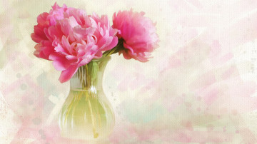 quit hd wallpaper, розовые пионы в вазе, цветы, букет, живопись, краски, акварель