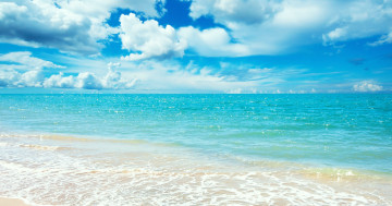 Обои на рабочий стол Blue sea, пейзаж, горизонт, лето, песок, небо, облака, пляж, бирюза, море