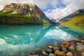 mountains, lake, stones, nature, Canada, national park, reflection in water, forest, sky, beautiful landscape, горы, озеро, камни, природа, Канада, национальный парк, отражение в воде, лес, небо, красивый пейзаж
