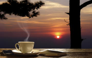 фото, закат, небо, солнце, вечер, дерево, горячий чай, чашка, книга, смартфон, photo, sunset, sky, sun, evening, tree, hot tea, cup, book, smartphone