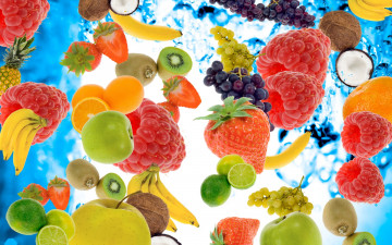 fruit platter, raspberry, strawberry, berries, bananas, pineapple, grapes, kiwi, coconut, apple, lime, orange, 4K wallpaper, фруктовый ассорти, малина, клубника, ягоды, бананы, ананас, виноград, киви, кокос, яблоко, лайм, апельсин, 4К обои