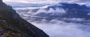 горы, вид с высока, туман, облака, восхитительный пейзаж, 5К, обои 3440х1440