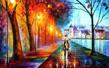 живопись, картина, акварель, ночь, осень, пара под зонтом, улица