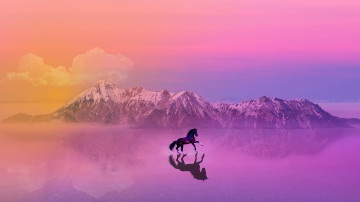 лошадь скачет, горы, фиолетовый фон, животные, конь, 3840х2160 4к обои