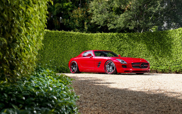красный мерседес, гоночный авто, зеленые кусты, деревья, шикарные обои, Red Mercedes, racing car, green bushes, trees, elegant wallpaper