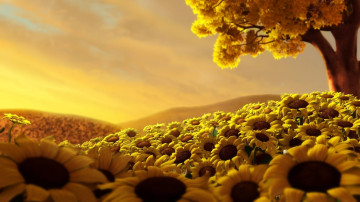 подсолнухи, желтое дерево, небо, лето, цветы, природа, яркие, красивые обои, Sunflowers, yellow tree, sky, summer, flowers, nature, bright, beautiful wallpaper