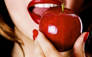 красное яблоко, красная помада, красный лак, удовольствие, шикарные обои, Red apple, red lipstick, red lacquer, pleasure, elegant wallpaper