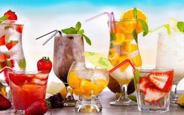 коктейли, 2880х1800, фрукты, ягоды, бокалы, стаканы, напитки, трубочки, лето, отдых, море, курорт, fruits, berries, glasses, drinks, tubules, summer, rest, sea, resort, cocktails