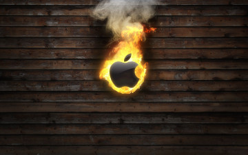 минимализм, горизонтальные коричневые доски, деревянная текстура, логотип Apple горит, огонь