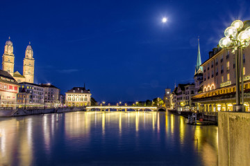 Фото бесплатно вечер, ночной город, Швейцария, отражение в воде