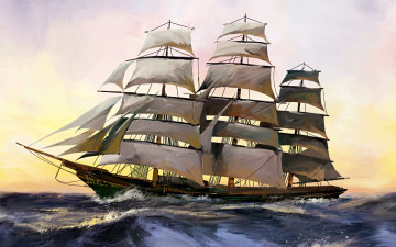Трансатлантические корабли, белые паруса, море, волны, живопись, картина, рисованные обои