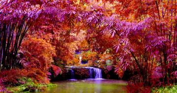 Обои на рабочий стол осень, природа, водопад, лес, пейзаж, краски осени, деревья, водоём, листья, речка