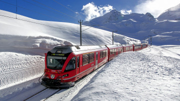 природа, зима, снег, горы, поезд, локомотив, вагоны, транспорт, железная дорога