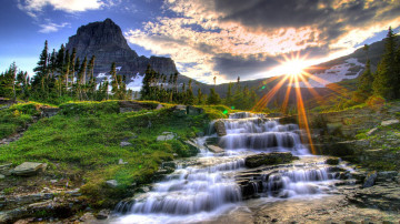 mountains, waterfall, forest, sunrise, morning, rays of the sun, beautiful landscape, clouds, nature, горы, водопад, лес, восход, утро, лучи солнца, красивый пейзаж, облака, природа