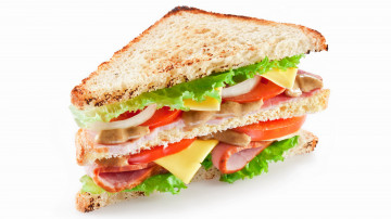 бутерброд, еда, перекус, обед, хлеб, колбаса, сыр, помидоры, белый фон, 3840х2160, 4к обои