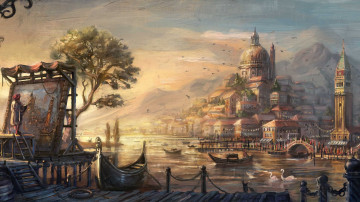 картина, живопись, город на реке, пристань, лодки, здания, художник рисует город
