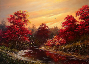 картина, живопись, пейзаж, осень, растения, красные листья, деревья, водоем, осенние облака