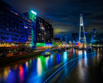 Фото бесплатно огни, ночь, Роттердам, Нидерланды, освещение, ночной город, 8к обои