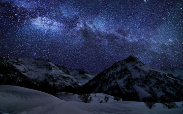 ночное небо, звезды, горы, зима, снег, природа, Night sky, stars, mountains, winter, snow, nature
