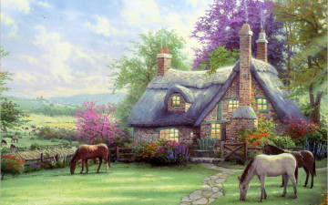 картина, акварель, краски, природа, дом, кони пасутся, осень, облака, рисованные обои, painting, watercolor, paints, nature, house, horses graze, autumn, clouds, drawn wallpapers