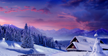 Обои на рабочий стол избушка, небо, пейзаж, снег, крыши, зима, мороз