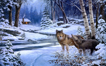 картина, зимний пейзаж, волки, деревья, снег, вечер, дом, обои скачать, Painting, winter landscape, wolves, trees, snow, evening, house, wallpaper download