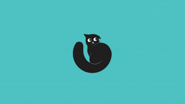 минимализм, черный кот, хвост, голубой фон