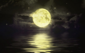 ночь, луна, звезды, река, облака, отражение в воде, обои, Night, moon, stars, river, clouds, reflection in water, wallpaper