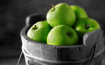 green apples, wooden bucket, fruit, dessert, food, зеленые яблоки, деревянное ведро, фрукты, десерт, еда