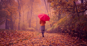 Обои на рабочий стол пейзаж, девушка с красным зонтиком, прогулка, осень, листва