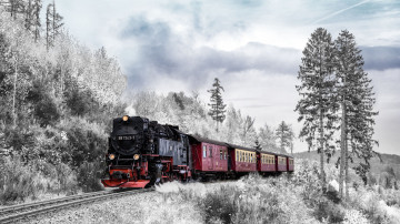 зима, поезд, локомотив, железная дорога, снег, иней, 3840х2160, 4к