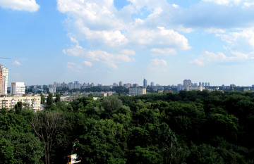 Киев с высоты птичьего полёта, деревья, облака, город, красивый вид