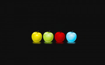 разноцветные светящиеся яблоки на черном фоне - минимализм