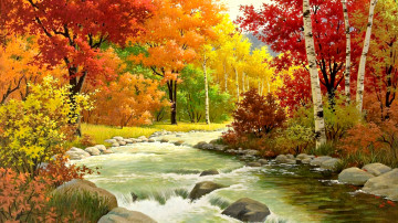 живопись, картина, искусство, осенний пейзаж, разноцветные листья, камни, ручей, водопад