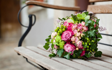 цветы, букет на лавочке, обои на рабочий стол, Flowers, bouquet on the bench, wallpapers