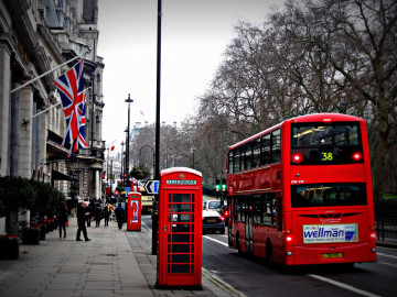 Фото бесплатно улица, транспорт, автобус, Англия, Лондон, телефонная будка, город